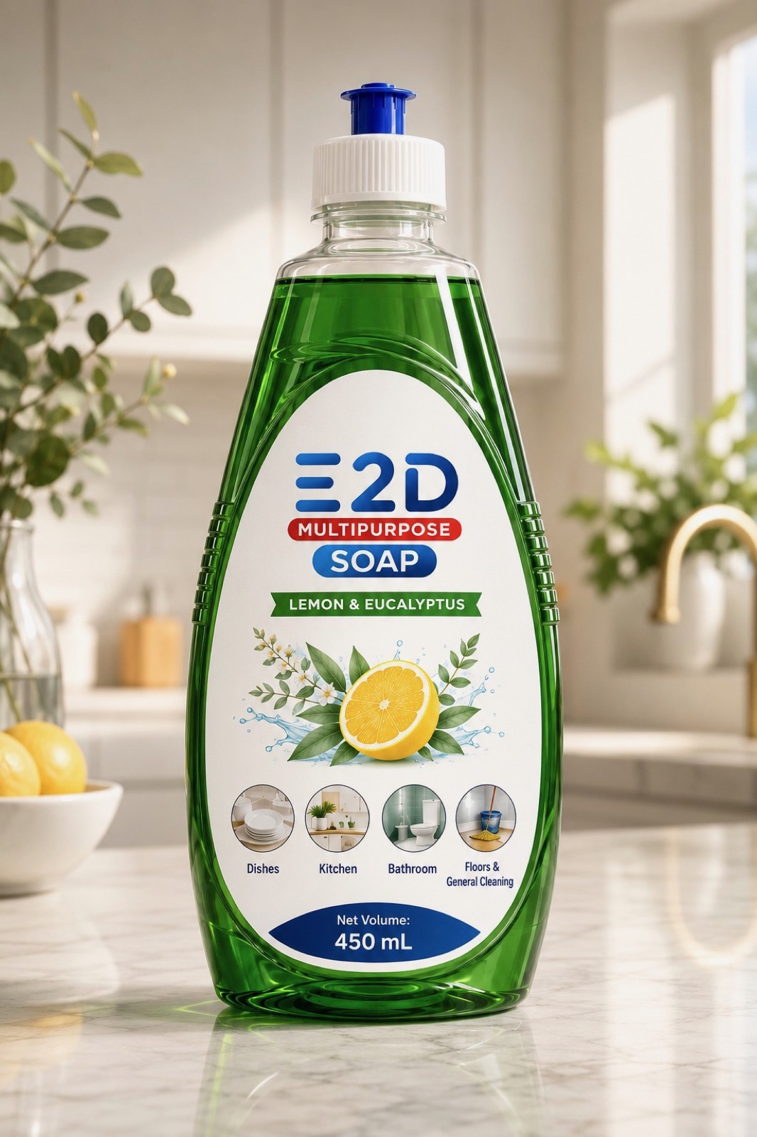 E2D Multipurpose Soap Lemon & Eucalyptus bottle